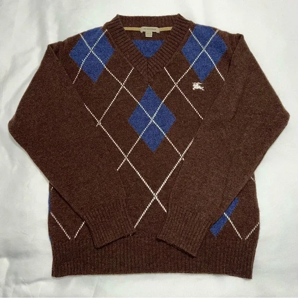 Burberry Youth Argyle V-Neck Sweater Cotton Brown Blue Diamond Striped Size 12Y - Picture 8 of 13